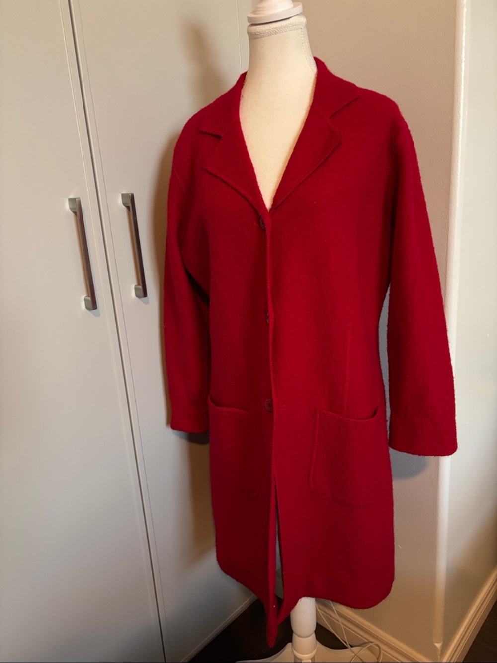Silk Club Red Long Open Collar Coat 100%Wool Lightweight